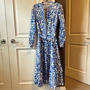 Boden Blue and White Long Sleeve Sundress
